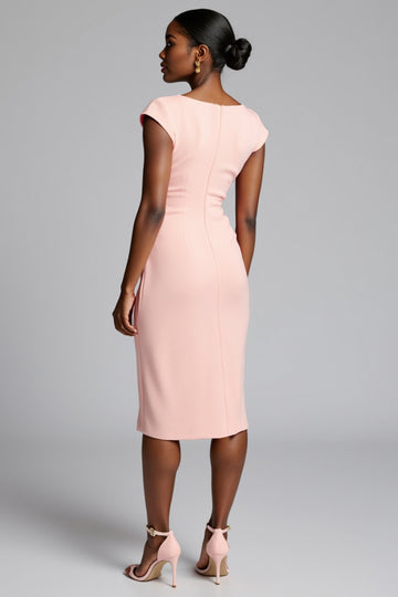 Ruched Pink V-Neck Sheath Work Dress